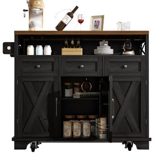 STILVORA Carro De Cocina Con 3 Cajones, Encimera Abatible, Ruedas Y Toallero, En Mdf Y Metal, Negro, 118 X 43-80 X 98 Cm