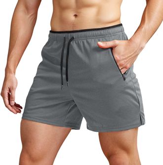 Generic Mens Shorts Mens Running Shorts with Zipper Pockets Gym Athletic Workout 5 Shorts for Men (Grey, S)