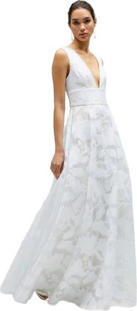 Coast Womens Plunge V-Neck Jacquard Full Skirt Wedding Dress Ivory