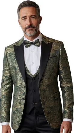 TruClothing Mens Green 4 Piece Paisley Tailored Fit Wedding Suit - AK2 - Size 48 (Chest) 42 (Waist)
