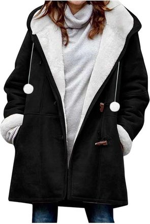 Generic Winter Coats for Women Ladies Fleece Jackets Warm Button Down Hoodie Solid Color Warm Casual For Women Thicken Hooded Jacket Long Sleeve Comfy Horn Bu