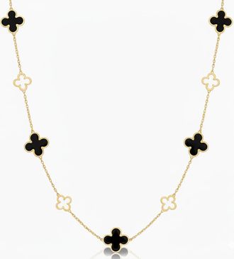 Italian Gold, Inc 14K Yellow Gold Alternating 9 Station Clover Necklace - Onyx