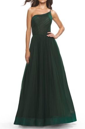 La Femme One Shoulder A-Line Tulle Gown with Sheer Bodice in Dark Emerald at Nordstrom, Size 16