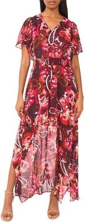 Halogen V-Neck Smocked Handkerchief Hem Maxi Dress in Rust/Burgundy/Pink at Nordstrom Rack, Size Xx-Large