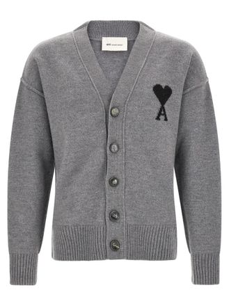Ami Grey Logo V Neck Cardigan