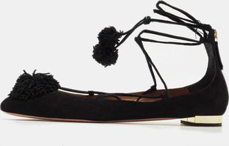 Aquazzura Black Suede Sunshine Ankle Tie Flats