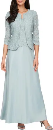 Alex Evenings Embroidered Lace Mock Two-Piece Gown with Jacket in Ice Sage at Nordstrom, Size 16