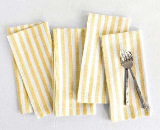 Solino Home Linen Dinner Napkins Set of 4, 20 x 20 Inch for Dining Table, Holiday and Everyday Table Decor - Amalfi Stripe in Primrose Yellow And