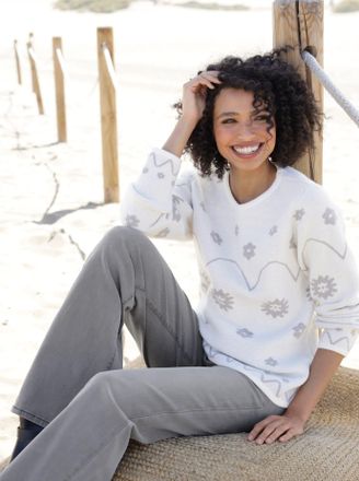 Heine Rundhalspullover HEINE Jacquard-Pullover, Damen, Gr. 34, grau (champagner, steingrau, gemustert), 42% Polyacryl, 30% Polyester, 28% Polyamid, gebl&uuml;mt,