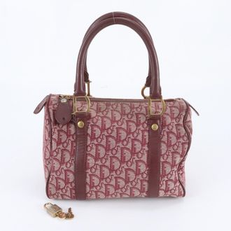 Dior Beige Red Color Wine Leather Canvas Handbag Tote Bag (Pre-Owned)