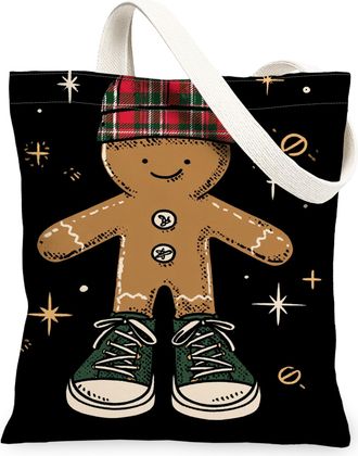 Generic Gingerbread Man Canvas Tote Bags, Holiday Biscuits Pattern Reusable Bags, Winter Fun Playful Lightweight Washable Shoulder, Black, 13x15 Inch