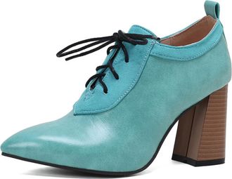 Generic Women Pointed Toe Pumps Mixed Fabric Lace Up Design Contrast Color Vamp Back Tab Chunky Block Heel Non Slip Durable Comfortable Office Party Shoes,Blu