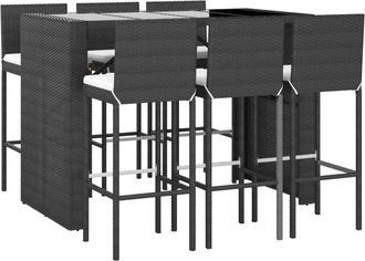 vidaXL Mesa Y Taburetes Altos Jard&iacute;n Y Cojines 7 Pzas Rat&aacute;n Pe Negro Vidaxl