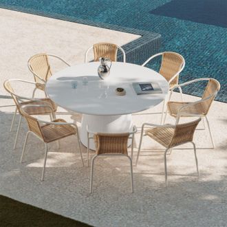 Sklum Set De Mesa Redonda &Oslash;150 Cm En Cemento Numira Y 8 Sillas De Jard&iacute;n Apilables En Acero Y Rat&aacute;n Sint&eacute;tico Kalymana Sklum