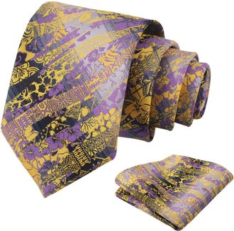Alizeal Mens 8cm Irregular Patterned Necktie Novelty Party Wedding Business Tie and Hanky Set, Purple+Yellow