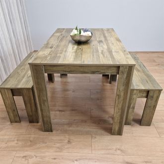 Kosy Koala Rustic Effect Wood Dining Table Set with 2 Rustic Benches Dining Room Furniture in Brown