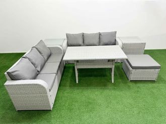 Fimous Outdoor Garden Furniture Sets 7 Seater Wicker Rattan Furniture Sofa Sets w/ Rectangular Dining Table high Back Lounge Sofa Big Footstool 2