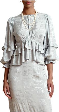 By Ti Mo Elegante Jacquard Top met Lange Mouwen - Dames - Blouses - Grijs - M - Overhemden
