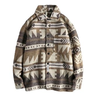 Generic Mens Tribal Printed Vintage Shirt Jacket Long Sleeved Shirt Winter Thick Warm Casual Shirt Jacket khaki M