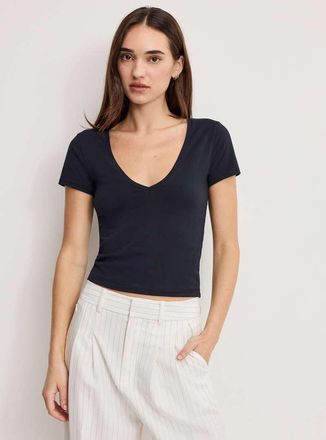 Good American T-shirt mini nera con scollo a V-Nero