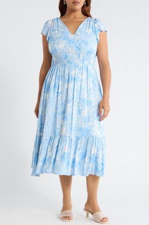 Sugarlips Seraphina Floral Maye Smocked Midi Dress in White-Blue-Multi at Nordstrom, Size 2 X