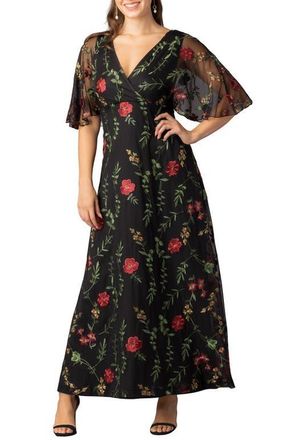 Kiyonna Embroidered Elegance Evening Gown with Sleeves in Onyx at Nordstrom, Size X-Large