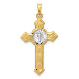 Diamond2Deal 14k Two-tone Gold Textured Hollow Budded St Benedict Cross Pendent