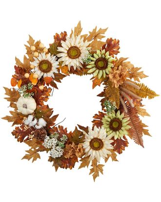 Nearly Natural 30In Autumn Sunflower, Pumpkin & Berries Artificial Wreath
