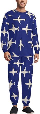 Generic Airplanes Pattern Casual Mens Pajamas Sets Crewneck Long Sleeve Pjs Tops Pants Soft Comfy Sleepwear