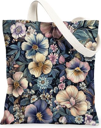 Generic Spring Aesthetic Pansy Canvas Tote Bag for Shopping 13x15, Retro Flower Garden Reusable Grocery Print Bag for Women, Floral Wildflower Beach Aesthetic