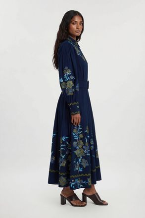 Karen Millen Womens Petite Rose Embroidered Cotton Twill Woven Shirt Dress With Eyelets - Navy - Size 14 UK