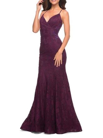 La Femme Lace Gown with Sheer Lace Applique Side Panels in Dark Berry at Nordstrom, Size 4
