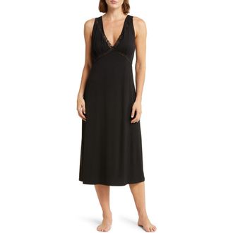 Natori Feathers Lace Trim Nightgown in Blk at Nordstrom, Size X-Small