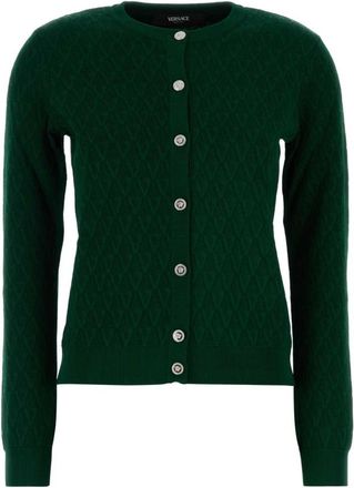 Versace Textured V Jacquard Stretch Viscose Gebreide Trui - Dames - Vesten - Groen - S - Truien & Vesten