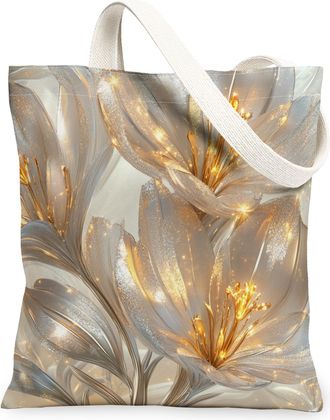 Generic Spring Saffron Crocus Flower Canvas Tote Bag for Shopping 13x15, 3D Style Luxury Florals Reusable Grocery Print Bag for Women, Cool Modern Beach Aesth