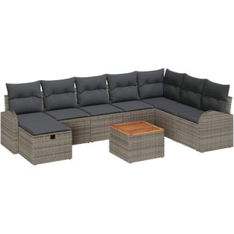 vidaXL Conjunto De Sof&aacute; De Jard&iacute;n Con Coj&iacute;n 9 Pcs Gris Polirat&aacute;n