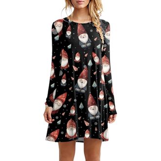 Generic Dresses for Women UK Womens Christmas Party Dress Xmas Print Casual Midi Dress Round Neck Long Sleeve Shirt Pleated Loose Swing Tops