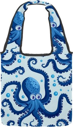 Generic Cool Blue Octopus Reversible Canvas Shoulder Tote - Double-Sided Print, 12oz Cotton, 27cm Drop, Fold-Flat Bag for Travel, Shopping, Street Outings