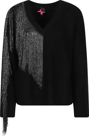 Pinko Captiva Cropped Black Asymmetrical Silver Fringe V-Neck Sweater