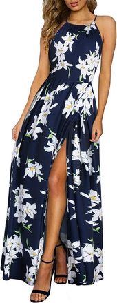 Kilig Cosmetics Maxi Dresses for Women UK Summer Dress Halter Neck Wedding Guest Elegant Long Dress Floral Beach Sundress(Floral-B,Medium)