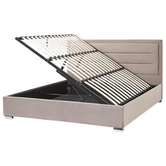 Beliani Cama Con Almacenaje De Terciopelo Gris Pardo 180 X 200 Cm Cabecero Acolchado Rouen