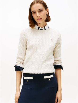Tommy Hilfiger Womens Cable Knit Shimmer Sweater - Beige - M