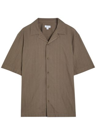 Sunspel Striped Embroidered Cotton Shirt - Brown - XL