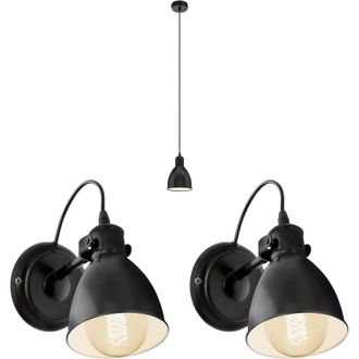 Loops Ceiling Pendant Light & 2x Matching Wall Lights Black Industrial Lamp Shade