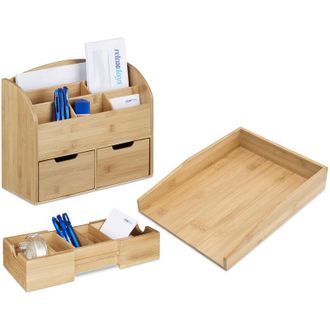 Relaxdays 3x Accessori, Set Scrivania in Bamb&ugrave;, Vaschetta Portadocumenti per A4, Portalettere, Organizer Portapenne, Naturale