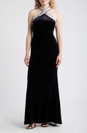Eliza J Rhinestone Detail Velvet Sheath Gown in Black at Nordstrom, Size 14