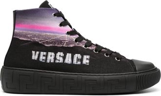 Versace Hills Greca high-top sneakers - men - Calf Leather/Fabric/Fabric/Rubber - 44 - Black