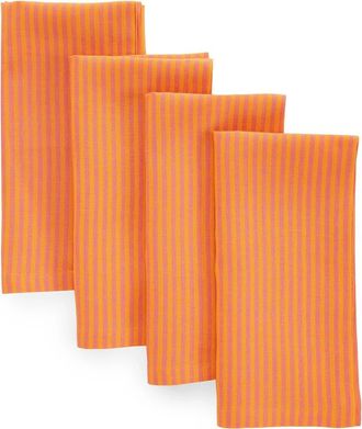 Solino Home Linen Dinner Napkins Set of 4, 20 x 20 Inch for Dining Table, Holiday and Everyday Table Decor - Narrow Stripe in Pink And Orange at