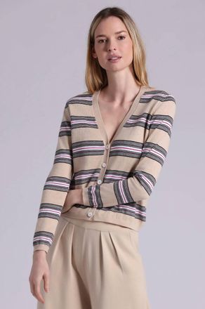 Minnie Rose Cotton Cashmere Striped V Neck Cardigan In Brown Sugar
