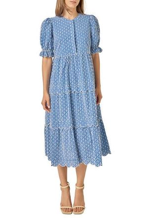 English Factory Scalloped Print Cotton Midi Dress in Blue at Nordstrom, Size X-Small